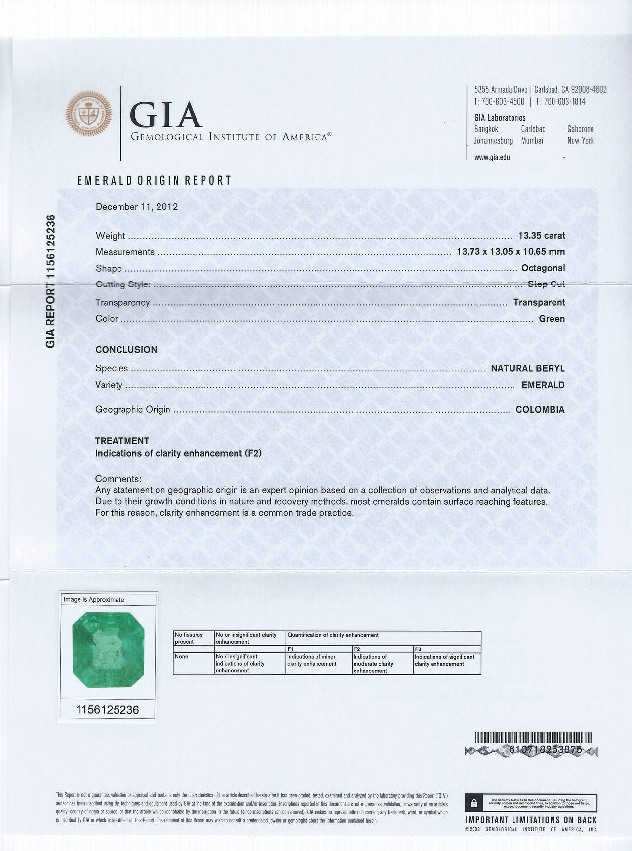 13.35 Carat GIA Colombian Octagon Cut Emerald Unmounted Stone