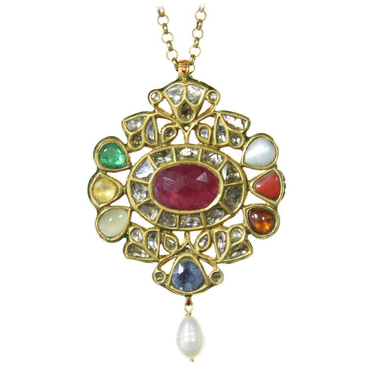 Mughal Style Indian Pendant with Rose Cut Diamonds and Nine Gems For Sale