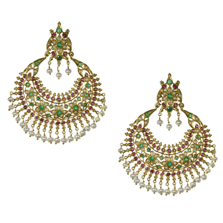 Exquisite Pearl Ruby Emerald Traditional Indian Earrings For Sale