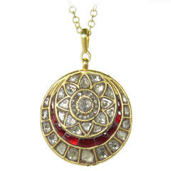 Mughal Style Indian Enamel Double Sided Pendant with Rose Cut Diamonds