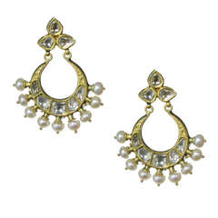 Mughal Style Indian Chand Bali Earrings with Enamel and Rose Cut Diamond