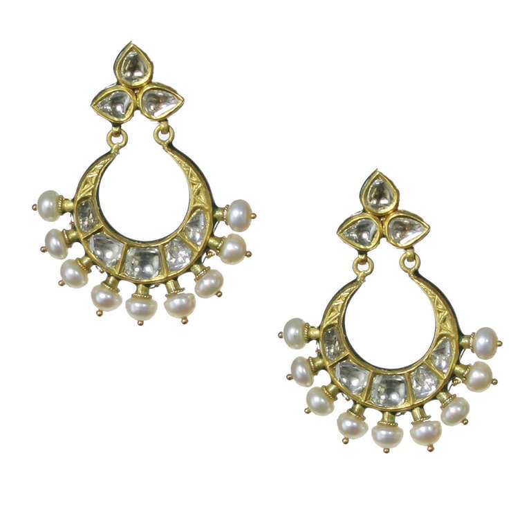 Mughal Style Indian Chand Bali Earrings with Enamel and Rose Cut Diamond For Sale