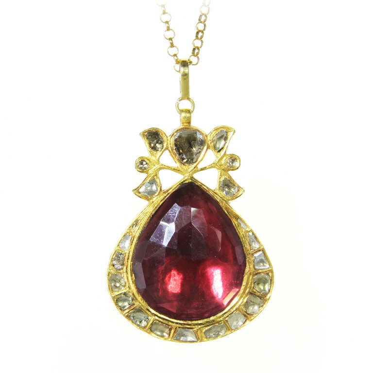 Mughal Style Indian Tourmaline Pendant with Rose Cut Diamonds For Sale