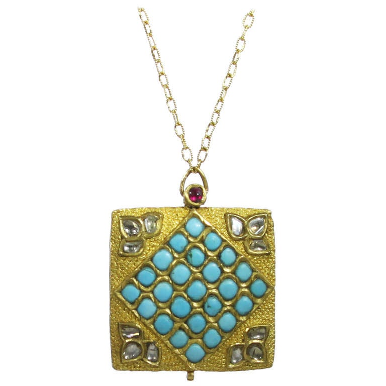 Mughal Style Turquoise Pendant with Rose Cut Diamonds For Sale