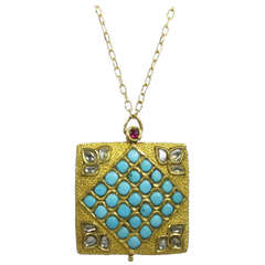 Mughal Style Turquoise Pendant with Rose Cut Diamonds
