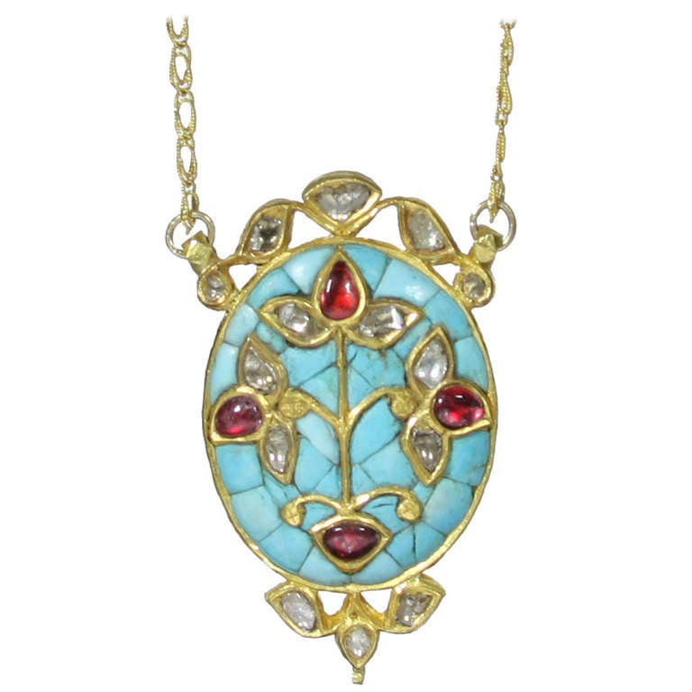 Mughal Style Indian Turquoise Pendant with Rose Cut Diamonds and Rubies For Sale