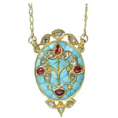 Mughal Style Indian Turquoise Pendant with Rose Cut Diamonds and Rubies