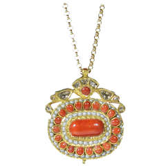 Mughal Style Indian Coral Pendant with Rose Cut Diamonds and Pearls