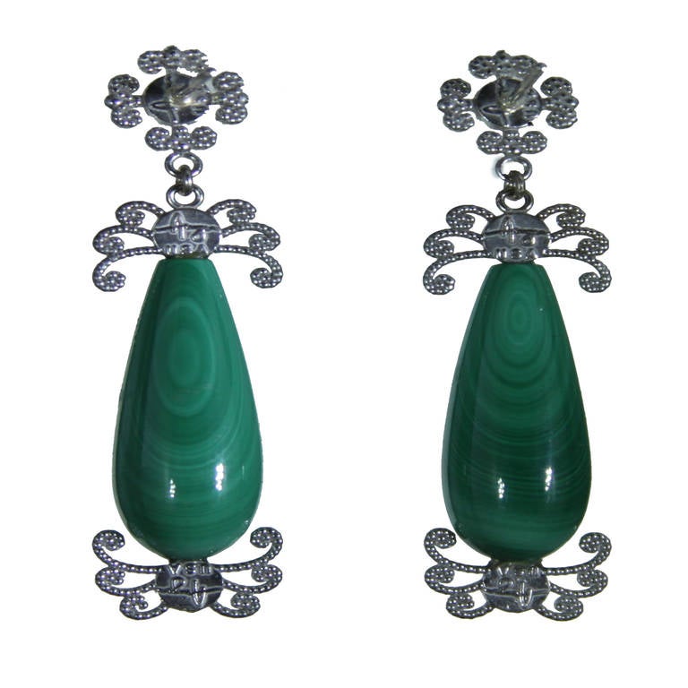 Malachite Drop Earrings in 14k White Gold with Chrome Diopside and Onyx cabochons designed by Amyn The Jeweler and Made in USA