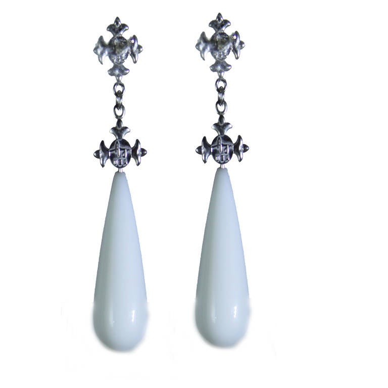 White Agate White Gold Drop Earrings