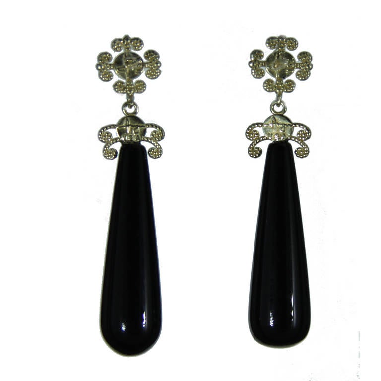 Black Agate Drop Earrings in 14k Yellow Gold with Blue Topaz and Amethyst cabochons designed by Amyn The Jeweler and is Made In USA