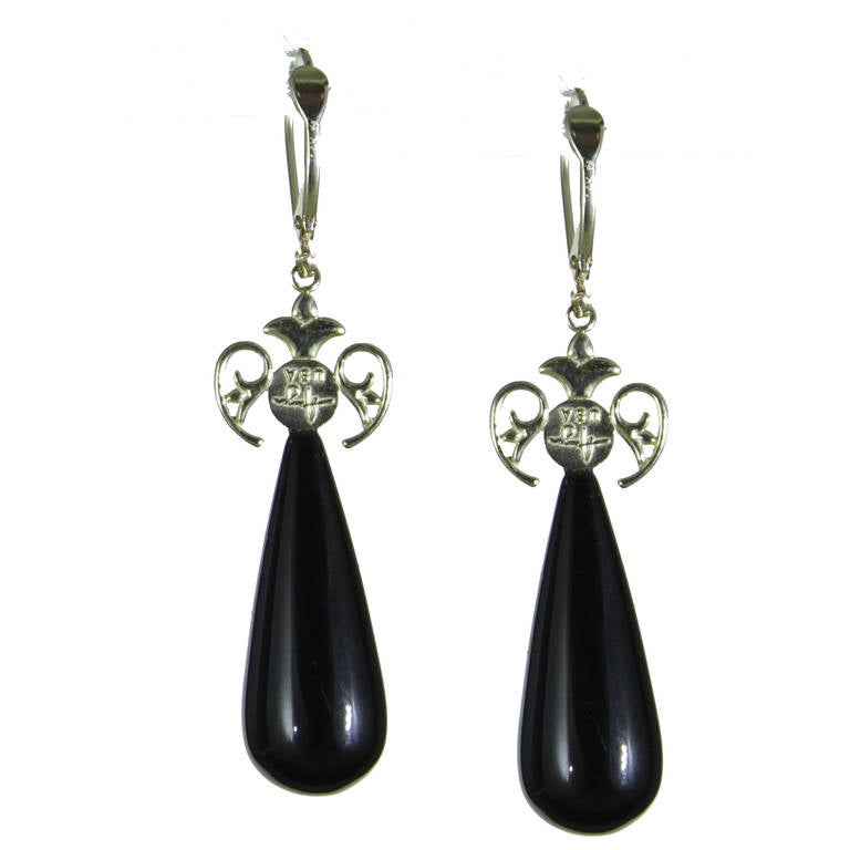 Black Agate Ruby Yellow Gold Drop Earrings