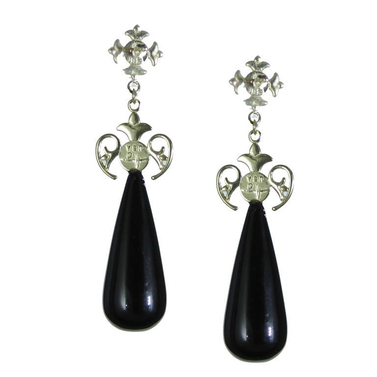 Black Agate Ruby Yellow Gold Drop Earrings