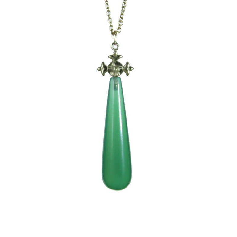 Green Agate Drop Pendant in 14k Yellow Gold with Garnet cabochon designed by Amyn The Jeweler and is Made In USA