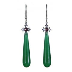 Antique Green Agate White Gold Drop Earrings