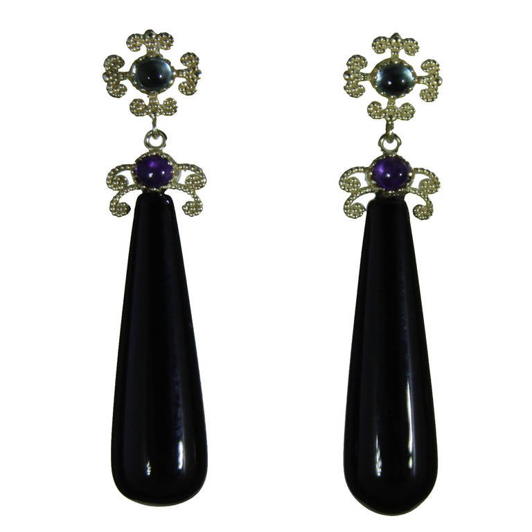 Black Agate Yellow Gold Drop Earrings