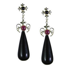 Antique Black Agate Ruby Yellow Gold Drop Earrings