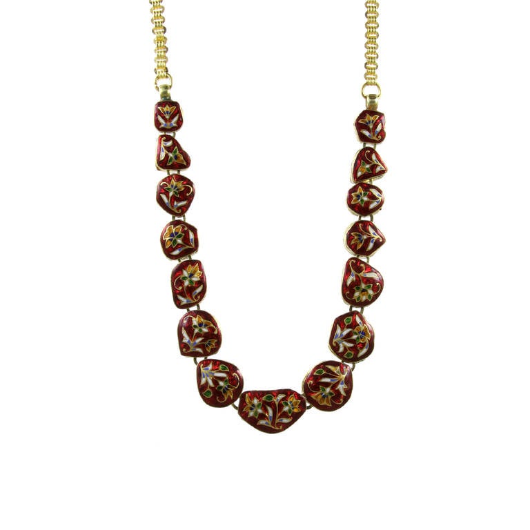 Mughal Style Indian Enamel Necklace with Organic shaped Rose Cut Diamonds