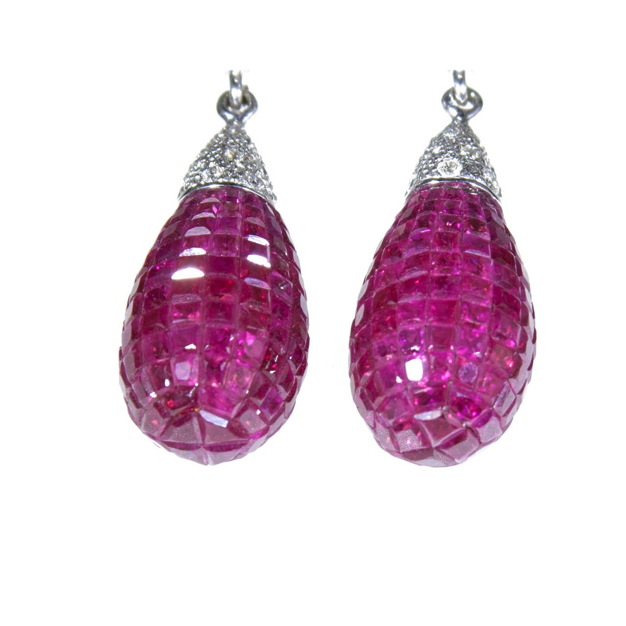 Mystery Set Ruby and Diamond Pendant Earrings In New Condition For Sale In Santa Monica, CA