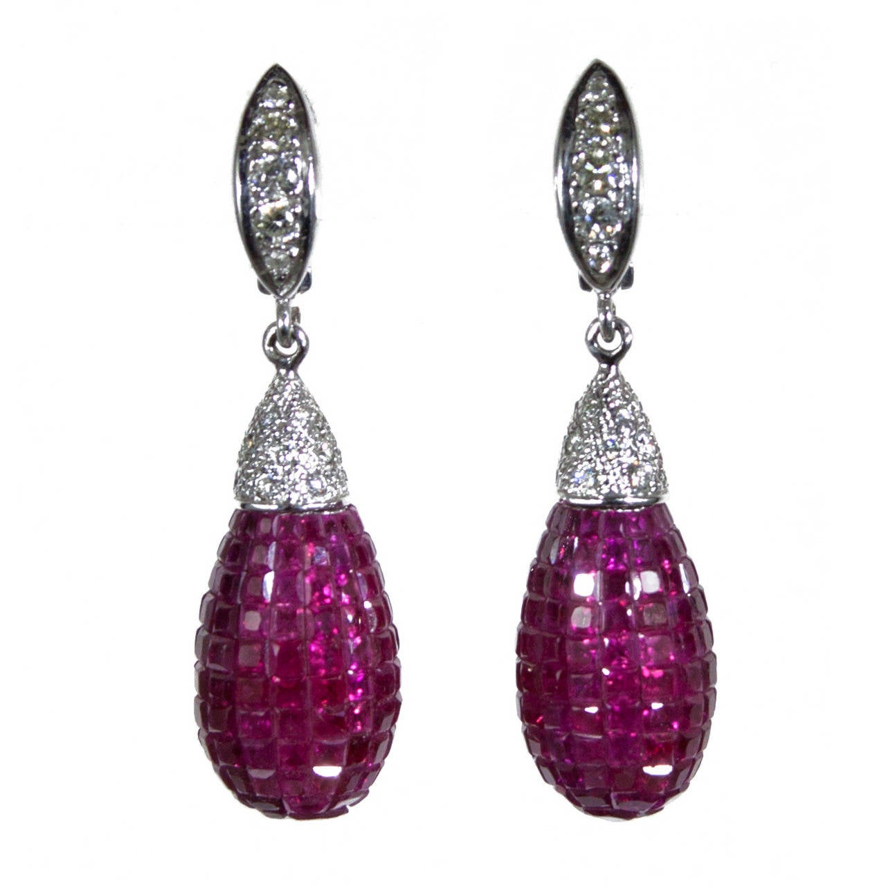 Mystery Set Ruby and Diamond Pendant Earrings For Sale