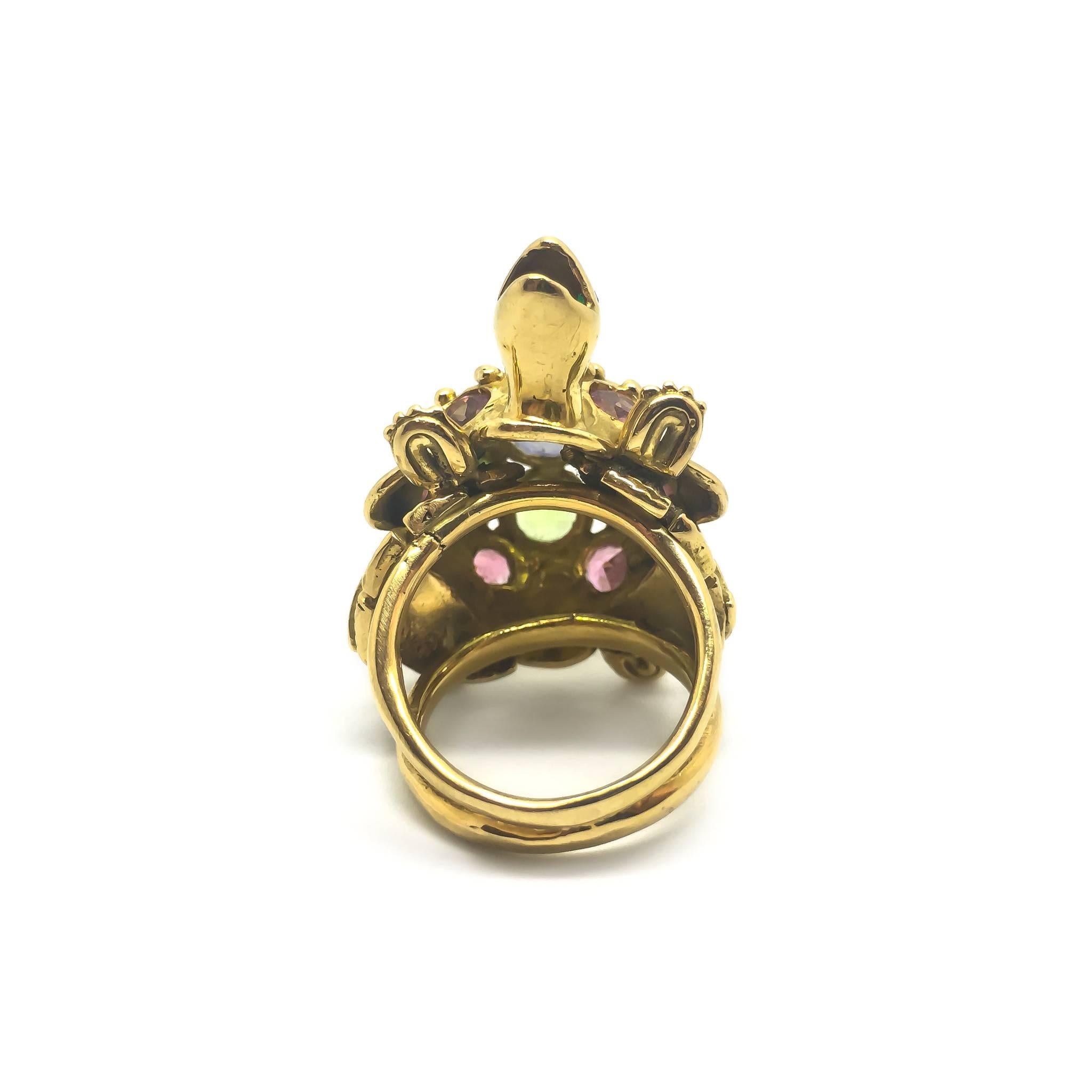 Multi Gem Set Gold Turtle Ring In Good Condition For Sale In Farnham, GB