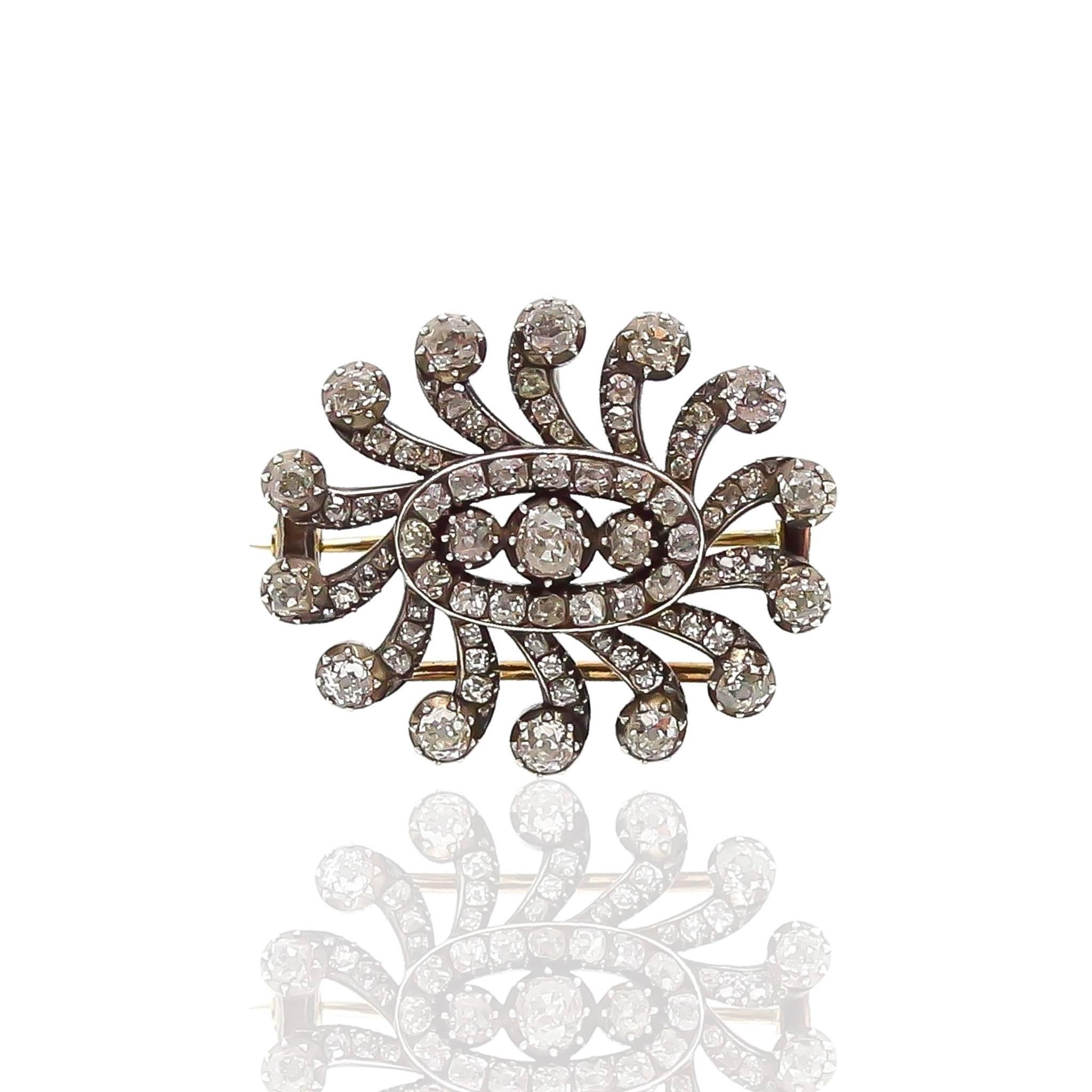 A stunning Diamond spray brooch dating to the early 19th century. 

Total carat weight is approximately 3cts. 

The spray brooch consists of three central old cut diamonds, within an old cut diamond spray surround, mounted in silver on gold,