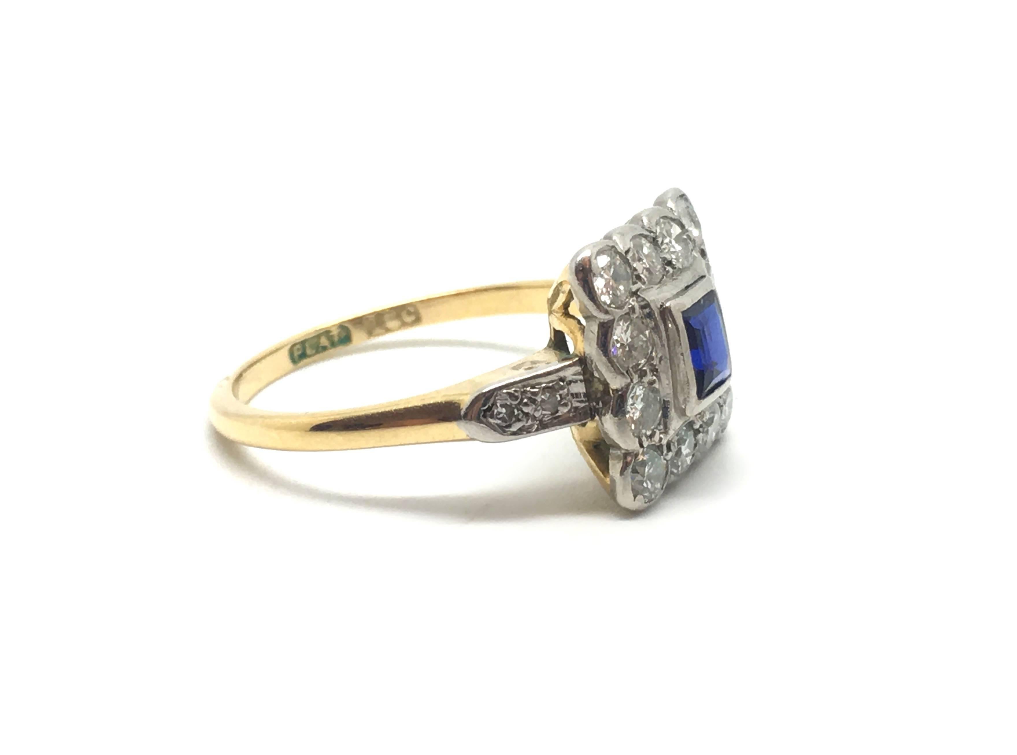 Art Deco Sapphire Diamond Gold Platinum Cluster Ring In Excellent Condition For Sale In Farnham, GB