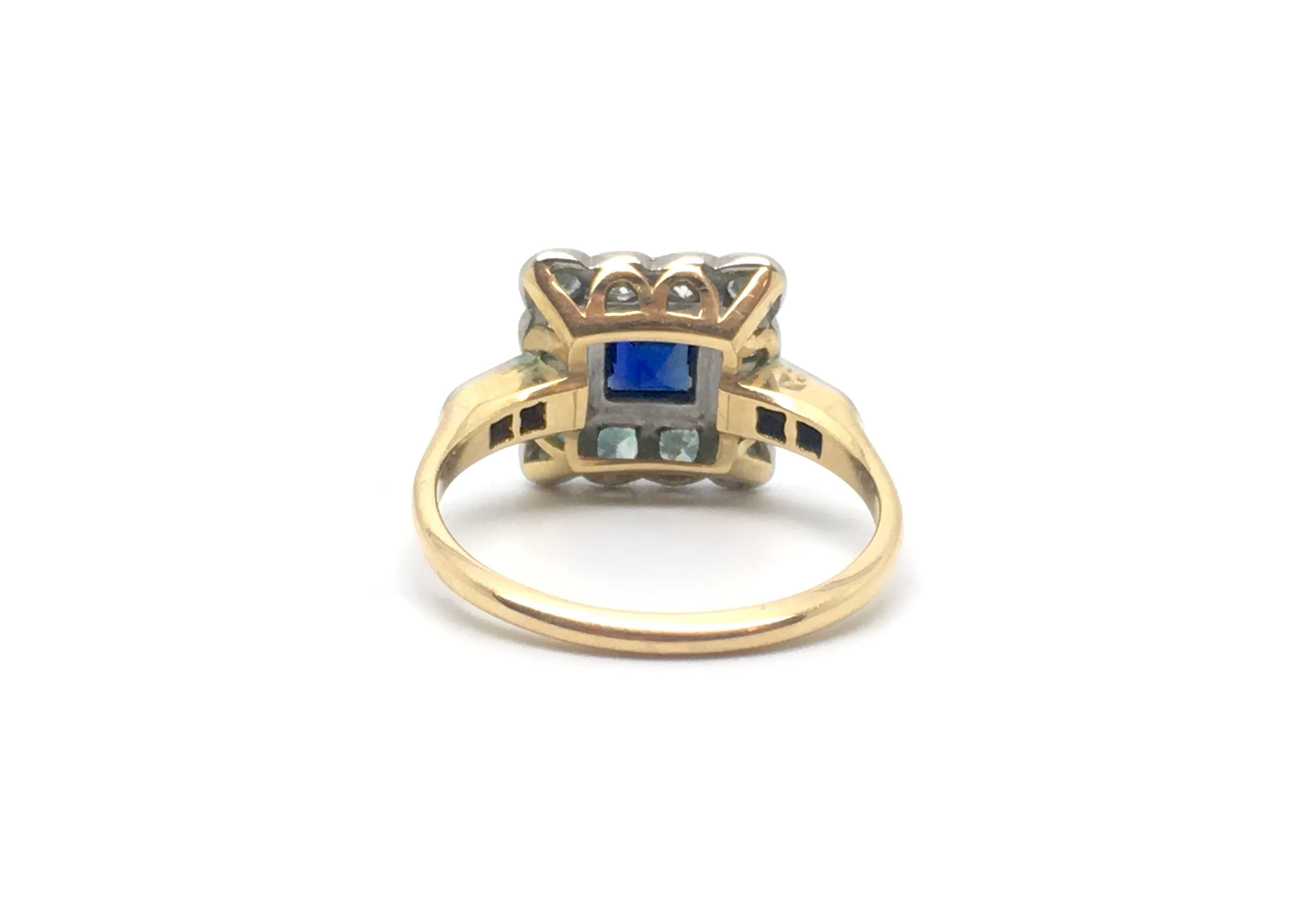 Women's Art Deco Sapphire Diamond Gold Platinum Cluster Ring For Sale