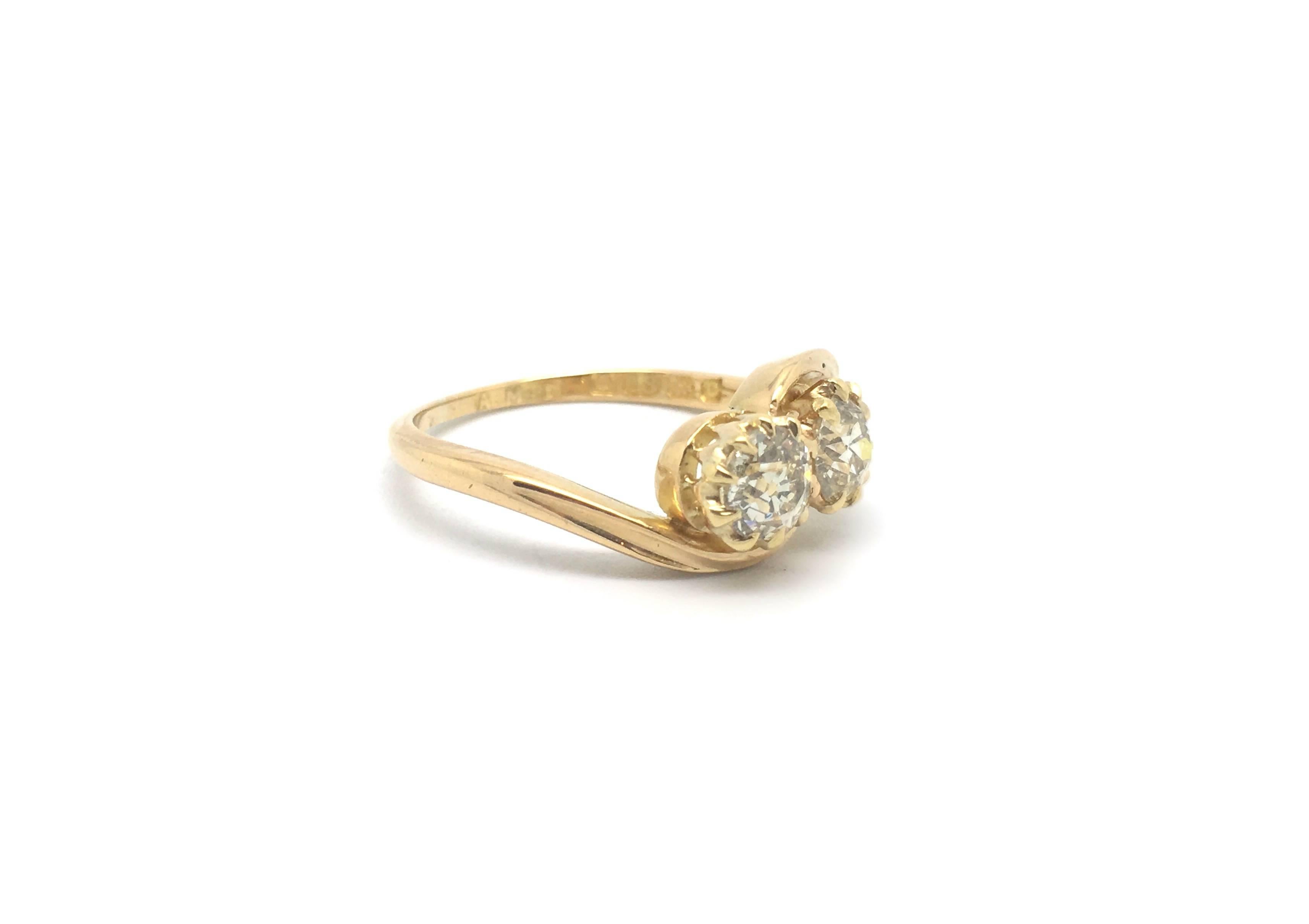 Art Nouveau Old Cut Diamond Yellow Gold Two Stone Toi-et-Moi Bypass Ring For Sale