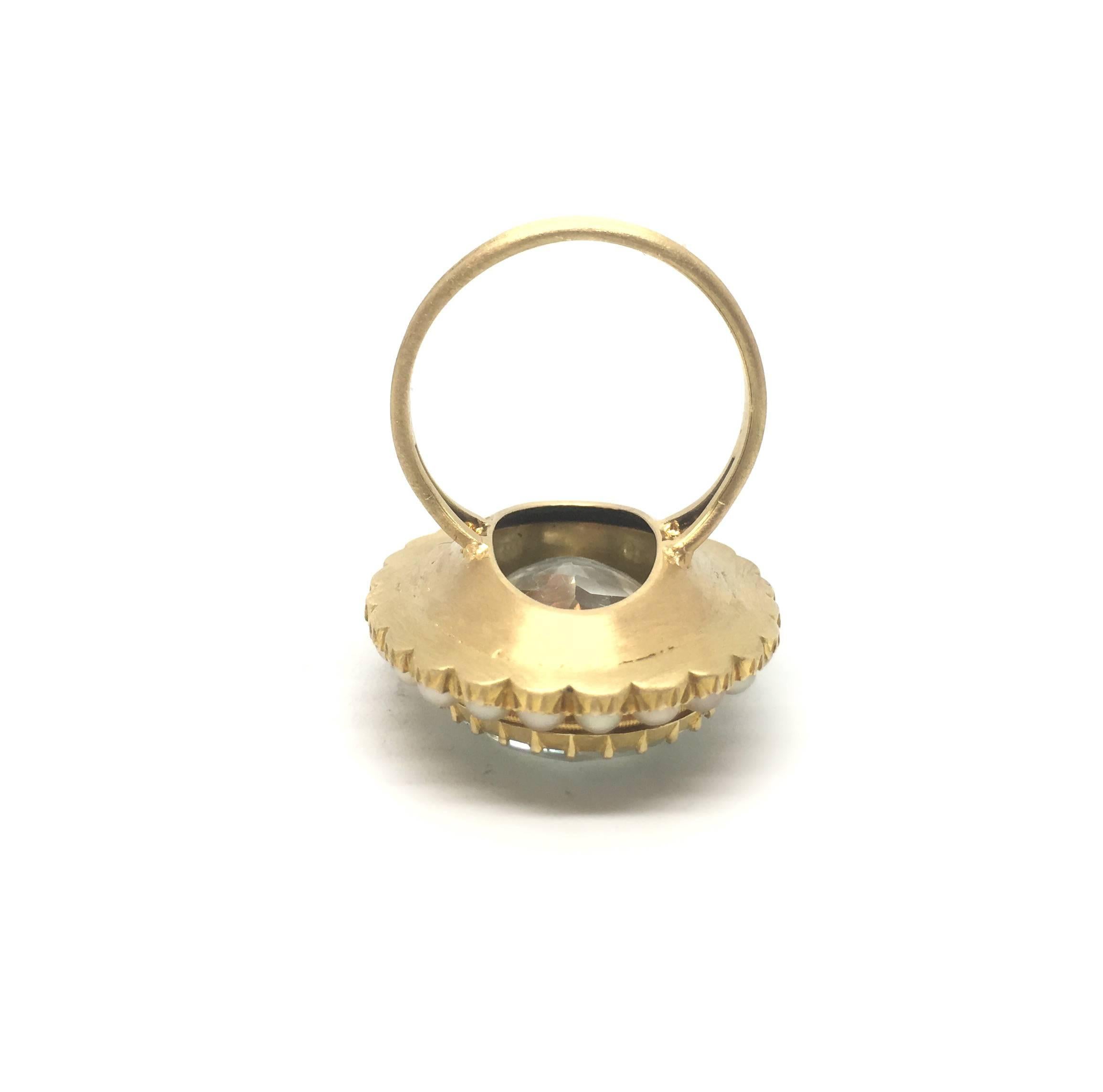 Large Antique Aquamarine and Pearl Gold Ring In New Condition For Sale In Farnham, GB