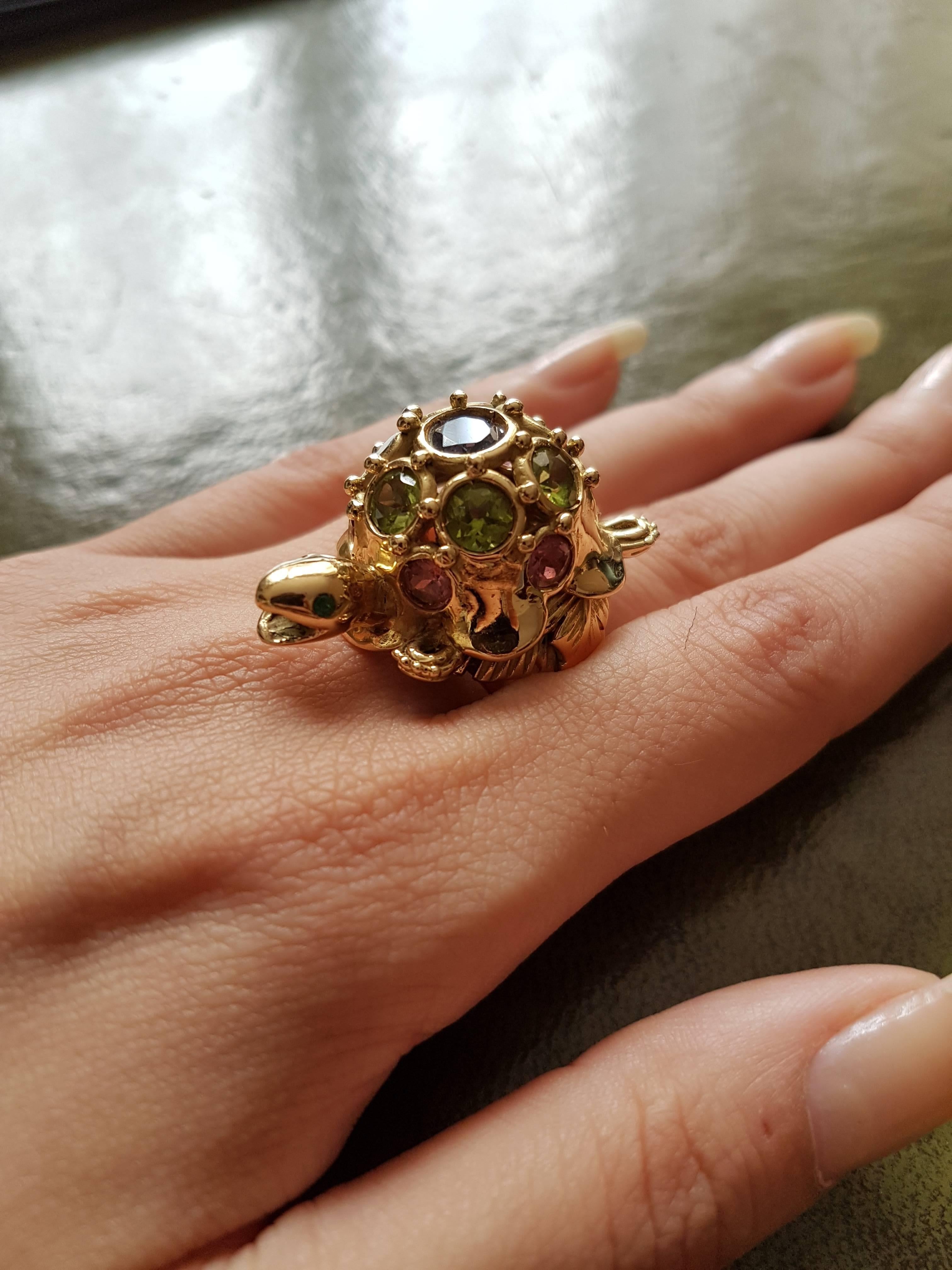 Women's Multi Gem Set Gold Turtle Ring For Sale