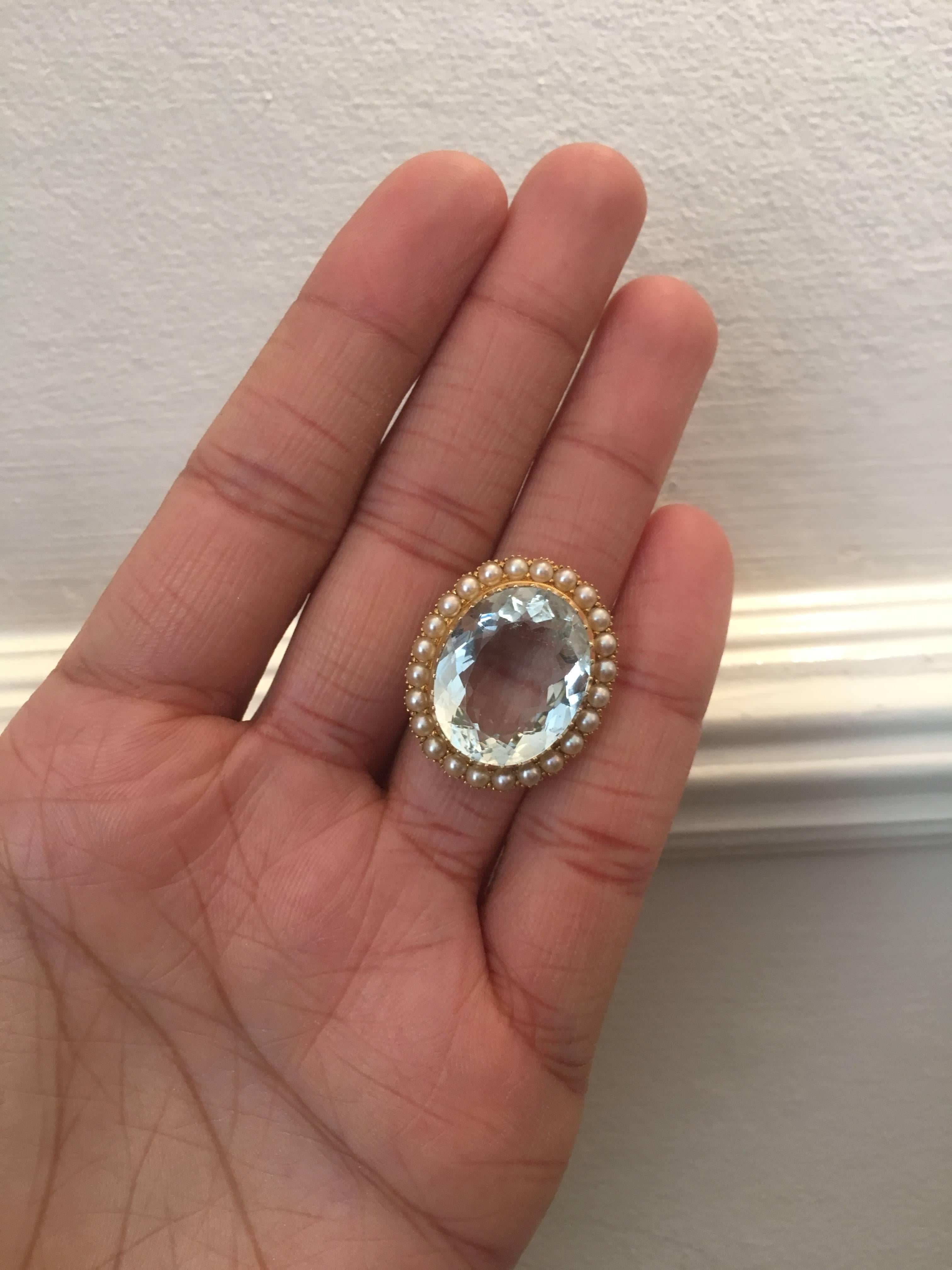 Women's Large Antique Aquamarine and Pearl Gold Ring For Sale