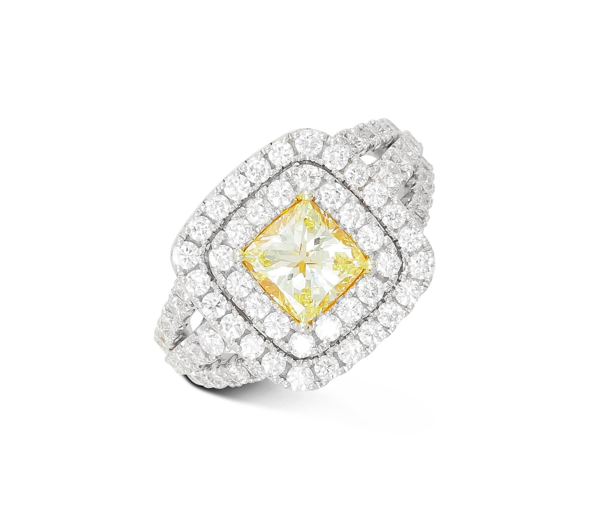 One-of-a-kind Frederic Sage Yellow Diamond ring  adorned in microset diamonds set in 18 karat white gold

Center Yellow diamond weight: 1.20 ct
Total diamond count: 78
Total diamond weight: 1.42 CT
Finger size: 7