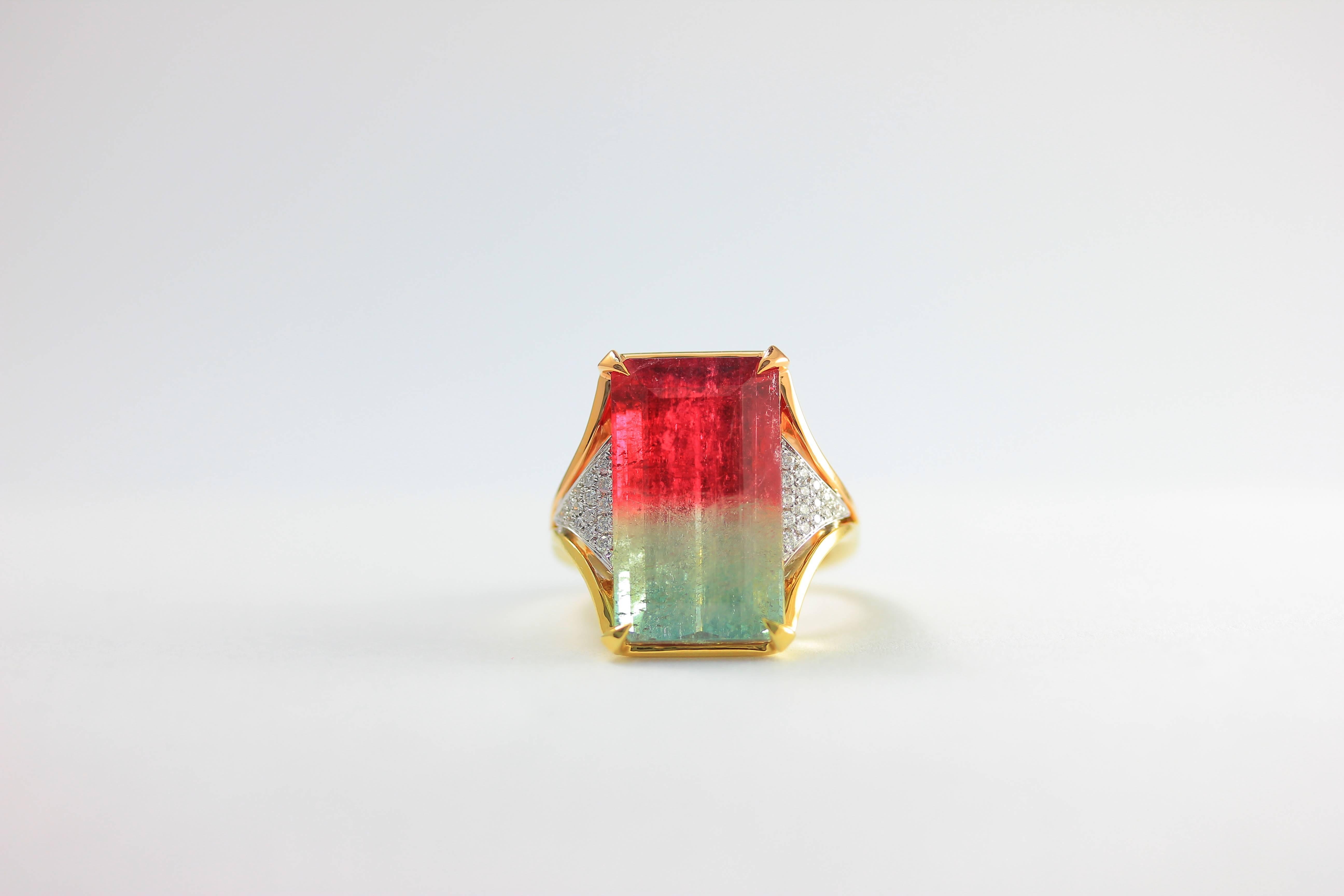 One-of-a-kind Frederic Sage bi-color Watermelon Tourmaline cocktail ring with white gold diamond accents set in 18 karat yellow and rose gold

Total Bi-color Tourmaline weight: 17.94 ct
Total diamond count: 30
Total diamond weight: 0.17 ct
