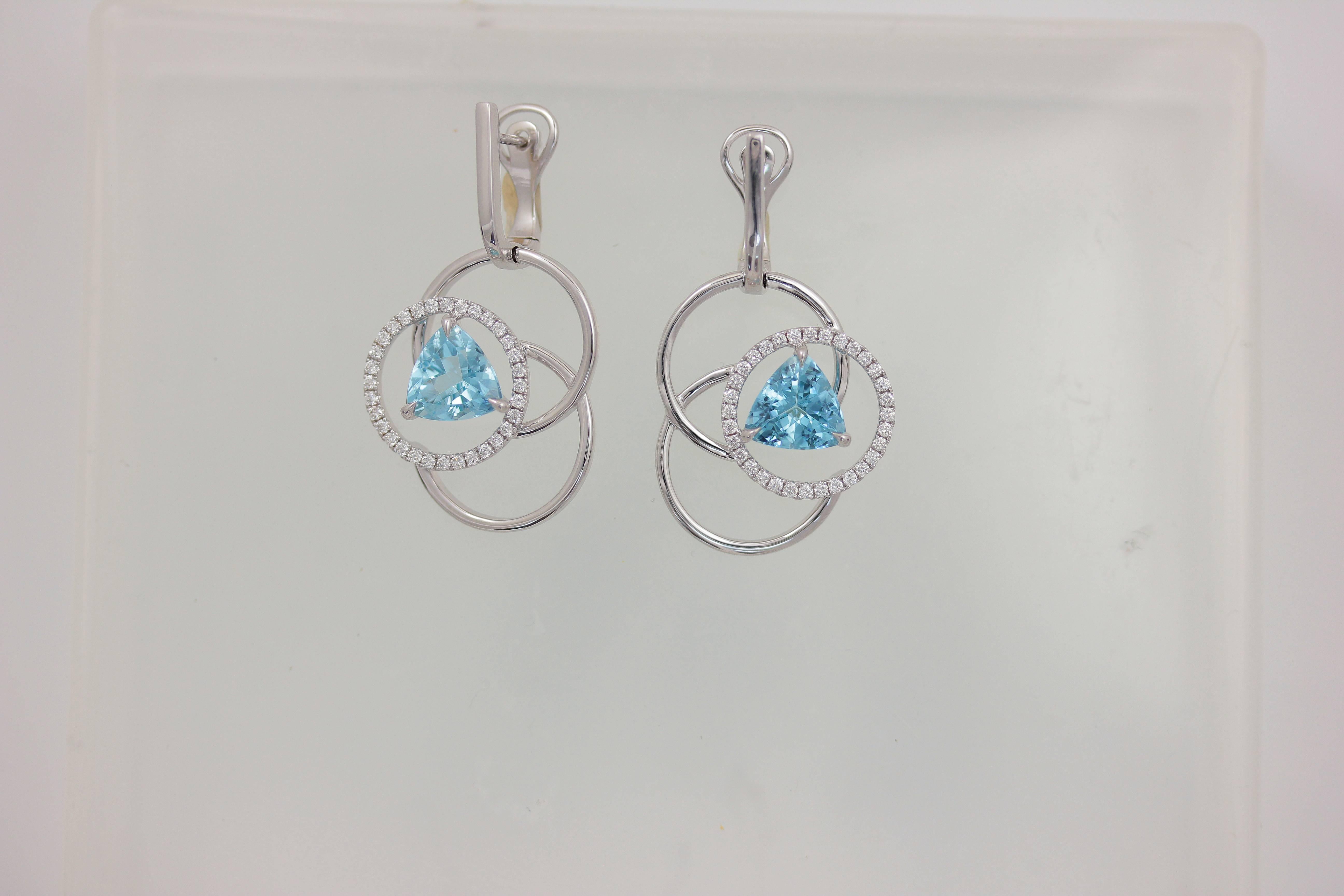 18K White Gold SMALL TRILLION AQUAMARINE 3 RING EARRINGS WITH 1 DIAMOND RING AND POLISHED BALE CLIP TOP One of Kind EARRINGS
64 DIA 0.48 Carats, 2 AQ 3.40 Carats