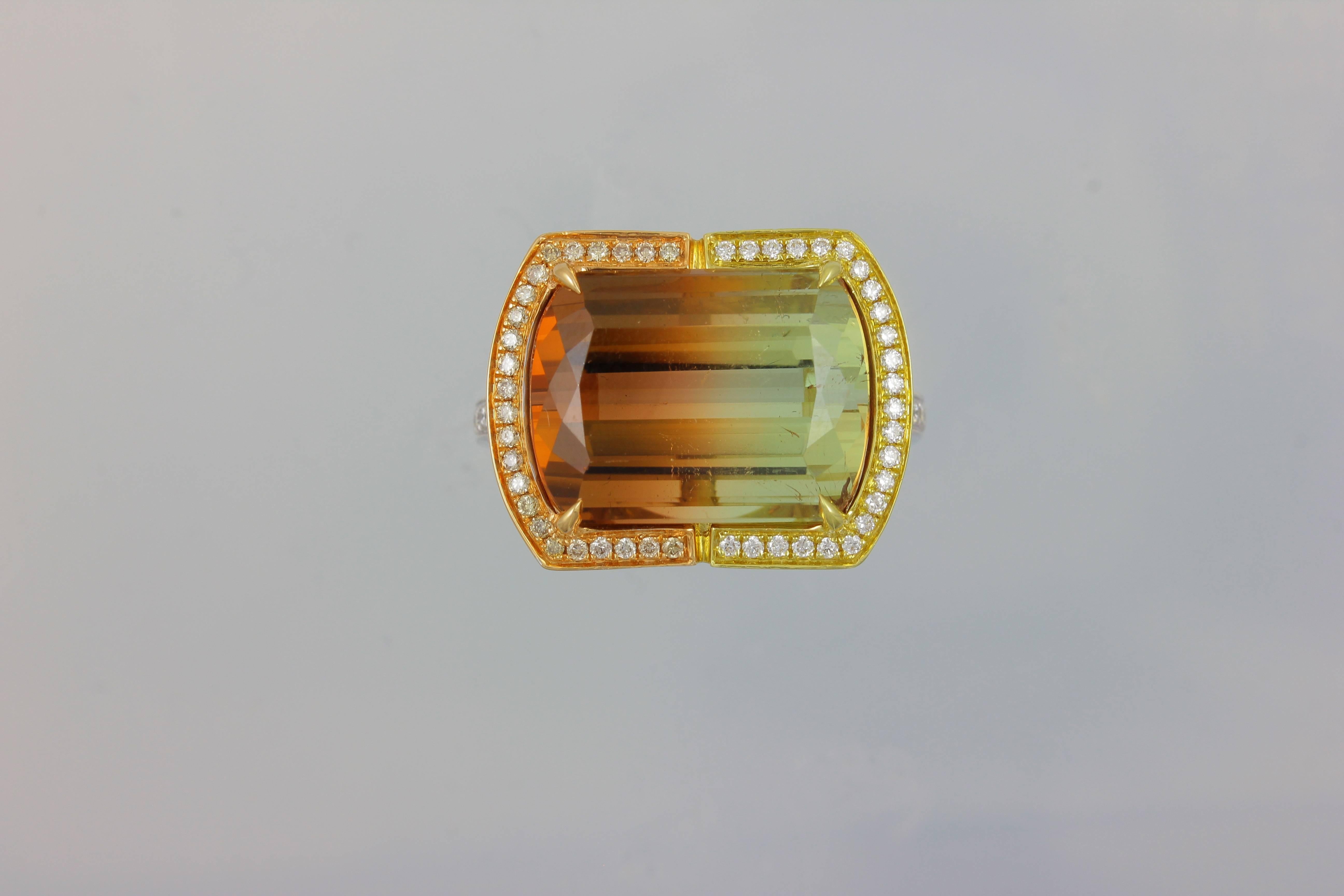 18K PYWG LARGE HORIZONTAL EMERALD CUT BI- COLOR TOURMALINE WITH BROWN AND WHITE DIAMONDS ONE OF A KIND RING 
Tourmaline 16.75 Carats, 58 Diamonds  0.28 Carats  27 Brown Diamonds  0.13 Carats