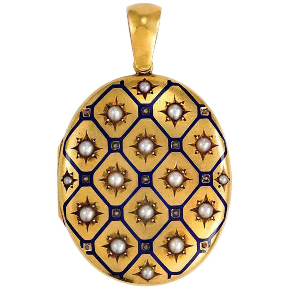 Large Diamond Locket Antique Enamel Pearl Diamond Gold Locket at 1stDibs