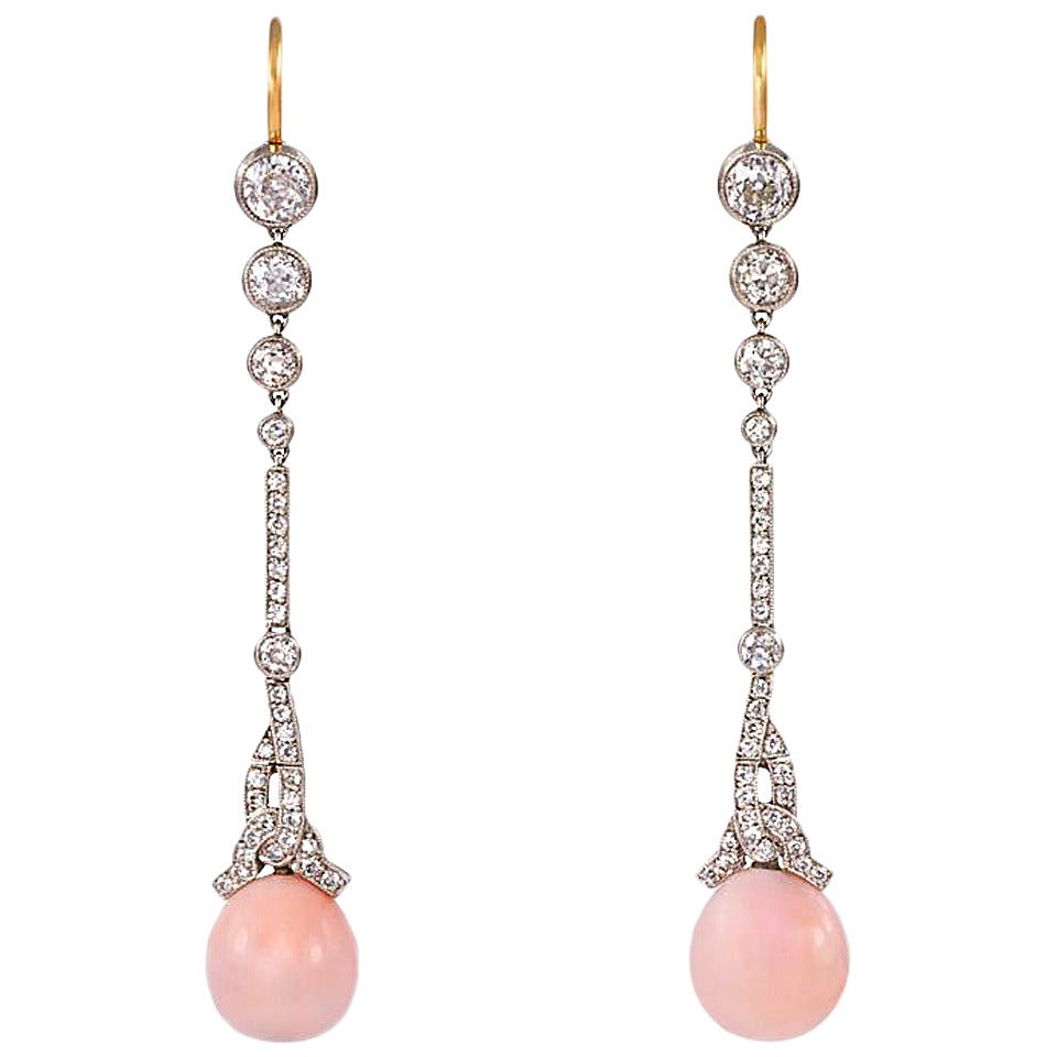 Edwardian Conch Pearl Diamond Gold Platinum Earrings