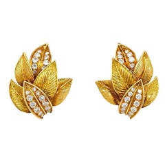 1960s Van Cleef & Arpels Diamond Gold Leaf Earrings