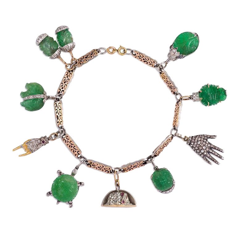 French Art Deco Carved Emerald and Diamond Charm Bracelet in Gold and