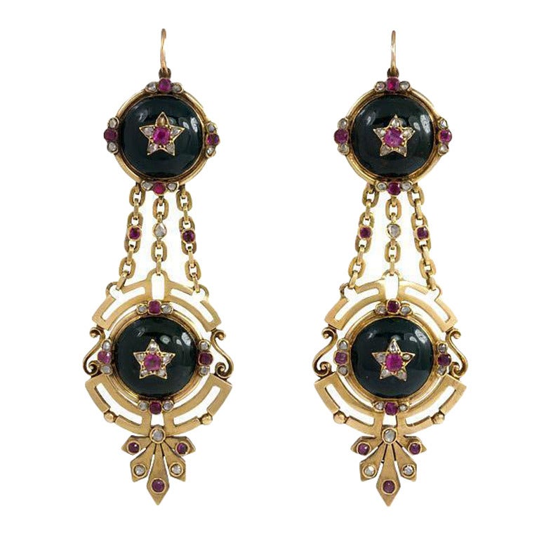 Antique French Bloodstone Gold Earrings with Gemstone Accents
