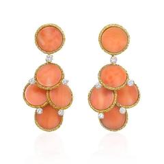1960s French Coral Diamond Gold Earrings