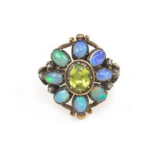 1940s Portuguese Opal Peridot Silver Gold Cluster Ring