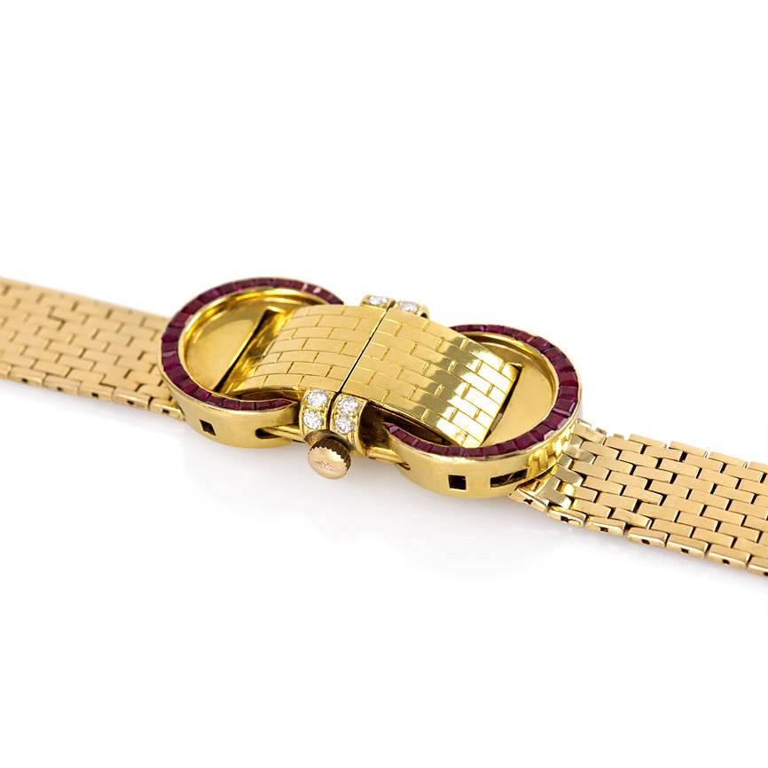 John Rubel Ladies Yellow Gold Diamond Ruby Covered Wristwatch In Excellent Condition In New York, NY