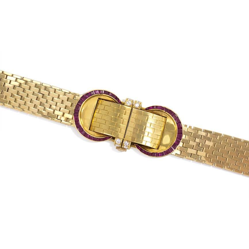 Retro John Rubel Ladies Yellow Gold Diamond Ruby Covered Wristwatch