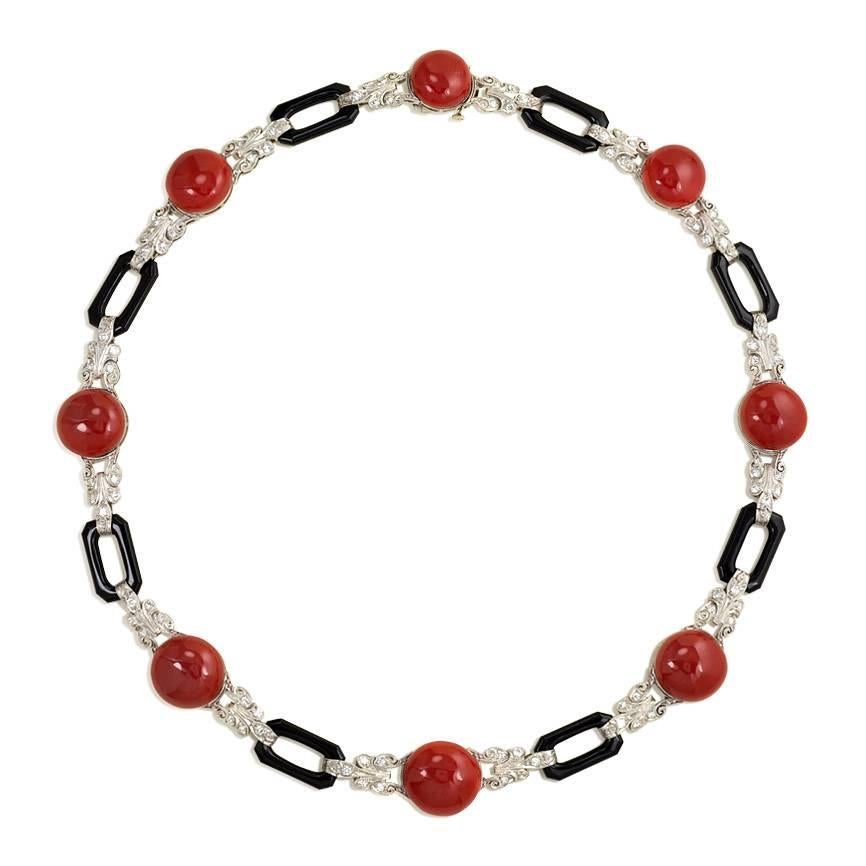 Art Deco Coral, Diamond, and Onyx Necklace