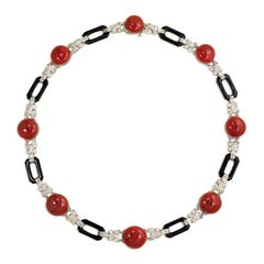 Art Deco Coral, Diamond, and Onyx Necklace