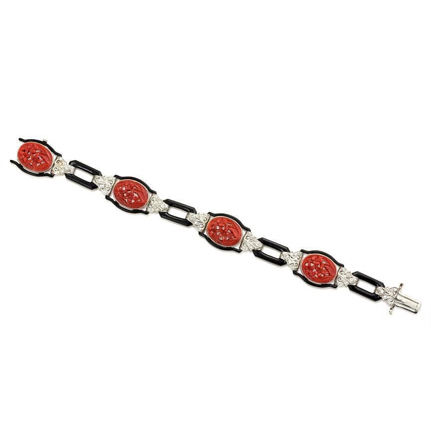 Art Deco Carved Coral, Onyx and Diamond Bracelet