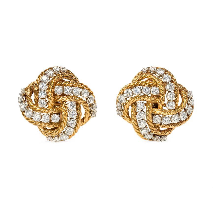Boucheron 1960s Gold and Diamond Knot Design Clip Earrings