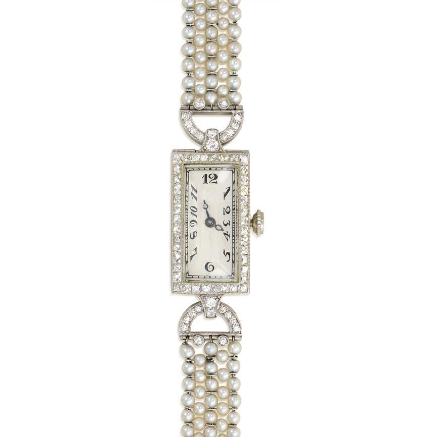 Art Deco Diamond, Seed Pearl, and Onyx Dress Watch, C.H. Meylan Movement